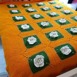 Fall Mid Century Afghan blanket with 3D flowers
